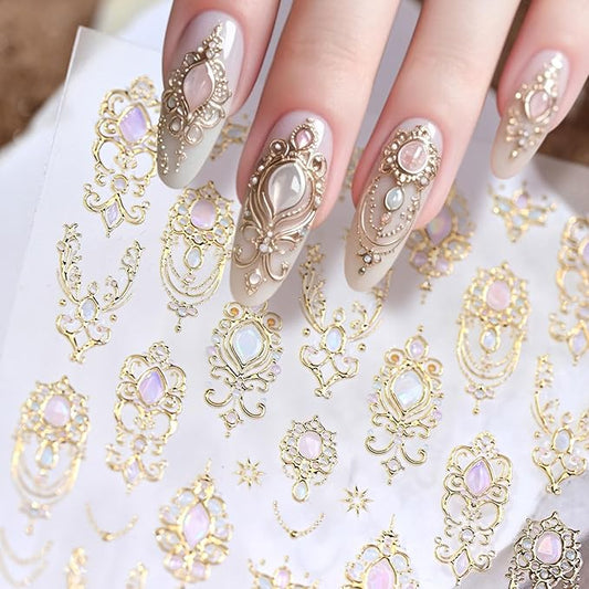 5D Embossed Gold Nail Stickers for Nail Art Gemstone Nail Art Stickers Vintage Gold Nail Decals Self Adhesive Nail Design Manicure Supplies Charm for Women Girls Nails Decorations