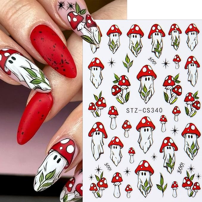 8 Sheets Halloween Nail Stickers 3D Self-Adhesive Horror Mushroom Nail Art Stickers Cat Flower Spider Pumpkin Nail Design Cute Ghost with French Tip Gothic Nail Decals for Women Manicure Salon