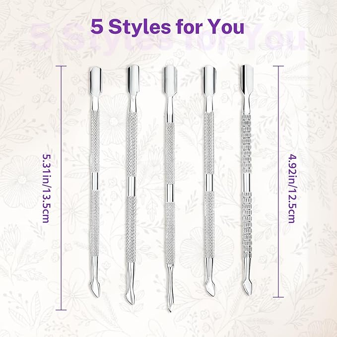 5Pcs Cuticle Pusher Remover and Cutter, Creatiee Double Ended Stainless Steel Cuticle Cleaner Nail Gel Polish Removal, Manicure Pedicure Nail Tools for Fingernails Toenails - Professional & Durable