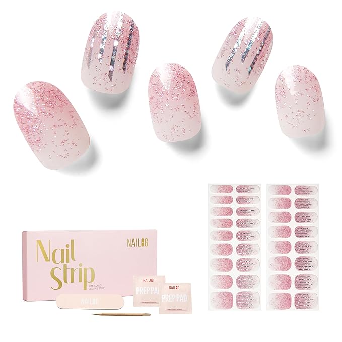 NAILOG Semi Cured Gel Strips, 34 pcs Salon-Quality Stickers, Long Lasting Wraps for Women With Soft Gel Finish (Pink Lane)