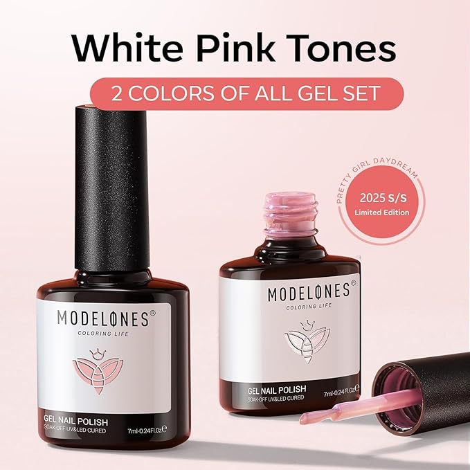 modelones Gel Nail Polish Set 2 Pcs 15 ML Nude Pink Translucent Sheer Glitter Shimmer French Base Kit Gel Polish Soak Off LED For Nail Art DIY Manicure Art Home For Women Girls