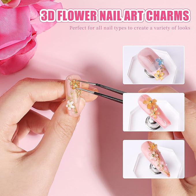 3D Colorful Flower Nail Charms with Nail Beads & Bubble Beads - Transparent Flower Charms, Gold/Silver Caviar Beads and Mixed Sizes Glass Bubble for Women Nails Design DIY Crafts (2-S1-Transparent)