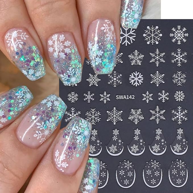 Snowflake Nail Stickers Christmas Nail Art Stickers French Tips Nail Decals Gold White Blue Mixed Shape Snowflake Design Winter Nail Sticker for Nail Art Women DIY Manicure Decoration 6 Sheets