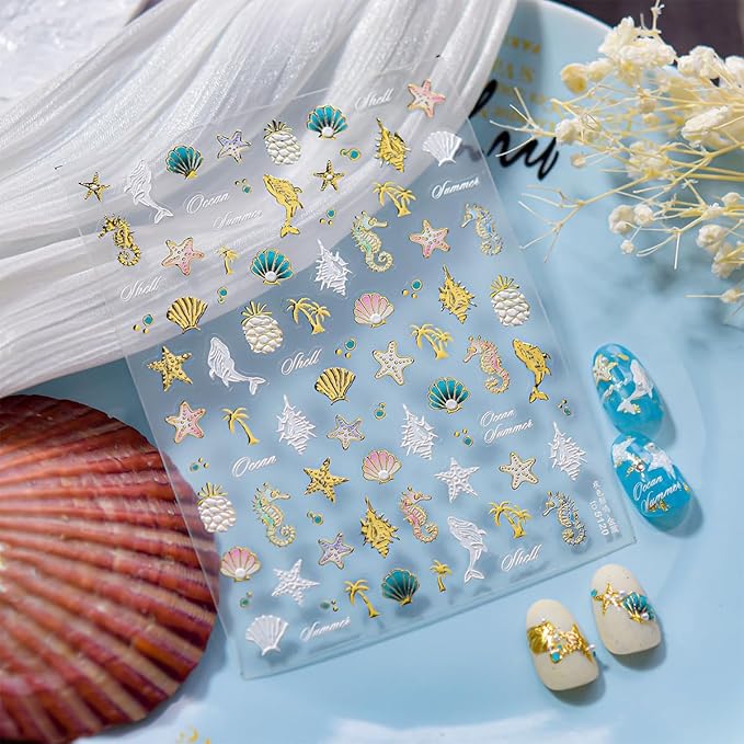 5D Embossed Seashell Nail Art Sticker with Pearl Shell Design Summer Nail Stickers Ocean Starfish Dolphin Seahorse Nail Decals Gold Conch Coconut Tree Stickers for Women Nails Supplies Decor 1Pcs
