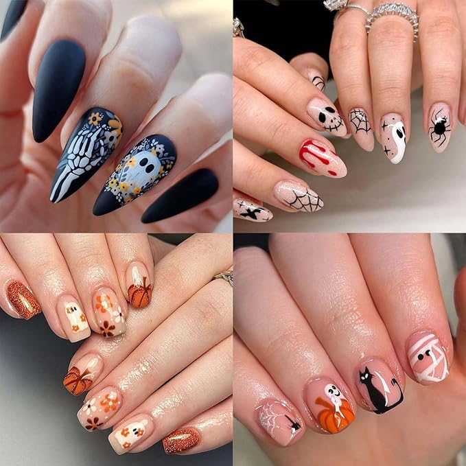 ONPRESS 4Sheet Halloween Nail Stickers Spooky Ghost Face Pumpkin Nail Decals 5D Self Adhesive Nail Spider Cat Flower Bat Bone Hand Star Leaves Relief Nail Art Stickers Nails for Women DIY Manicure