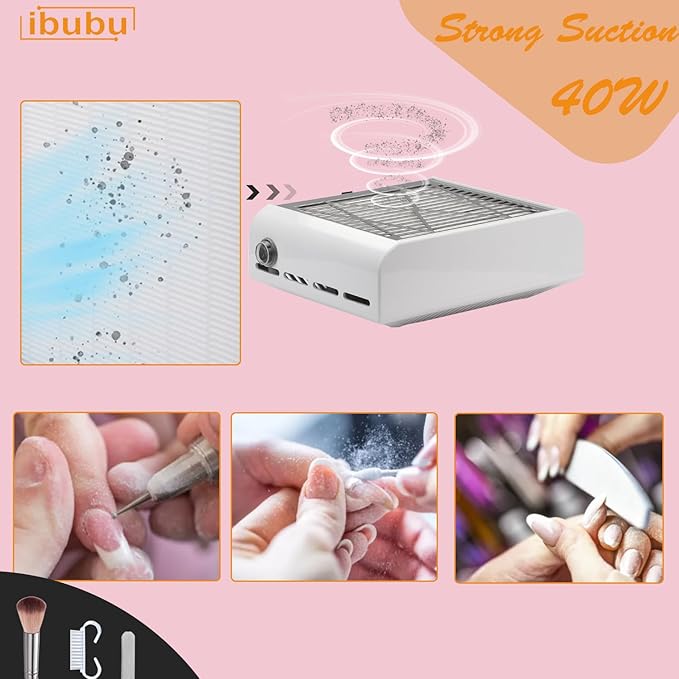 Nail Dust Collector Machine Electric Strong Suction Nail Dust Vacuum Cleaner Nail Salon Dust Extractor Acrylic Nail Powder Dust Collector Vacuum Fan with Multiple Tool Kits for Nails White