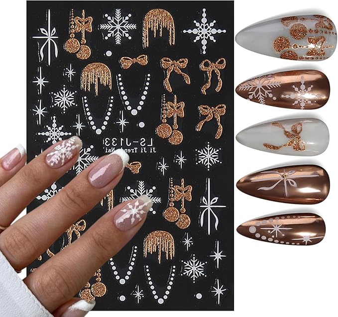 6 Sheets Glitter Christmas Nail Art Stickers 3D Self-Adhesive Snowflake Christmas Tree Nail Stickers Christmas Bell Ball Elk Nail Decals Acrylic Nail Supplies for Women Girls DIY Manicure Decoration