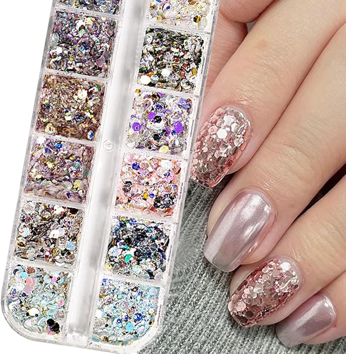 12 Colors Holographic Nail Art Glitter Sequins Chameleon Nail Sequin Hexagon Crafts Stickers Flake Nail Glitter Laser Mermaid Hexagon Confetti Glitters Design Nail Art Decoration for DIY Nail Charms
