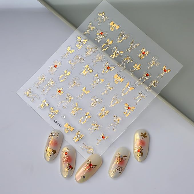 5D Embossed Gold Bow Nail Art Stickers, Rhinestones Nail Decals Metallic Ribbon Bow Tie Nail Design Cute Bow Nail Art Supplies Adhesive Sliders Sticker Craft French Manicure Decoration 1PCS