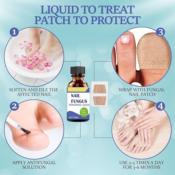 Toenail Fungus Treatment Extra Strength Kit, 30ml Nail Repair Solution and 32 Nail Renewal Patches for Damaged Thick Discolored Toenails and Fingernail