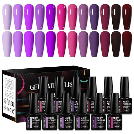 MEET ACROSS 12PCS Gel Nail Polish Set, 12 Colors Gel Nail Kit Art Design Soak Off UV LED,Nail Art Design Gifts for Women (SET-2, 12PCS)