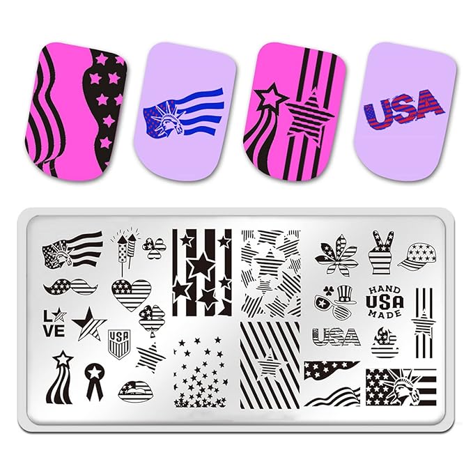 4th of July Nail Art Stamping Plates American Flag Designs Nail Stamp Templates DIY Stainless Steel Star Nail Image Polish Template Manicure Accessories for Women and Girls