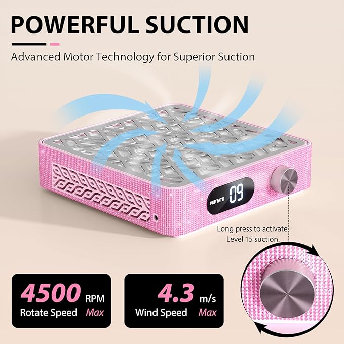 Nail Dust Collector, Powerful Vacuum Fan Vent Dust Collector Extractor Dust Suction Machine for Acrylic Nails Polishing, Nail Salon,Pink Diamond