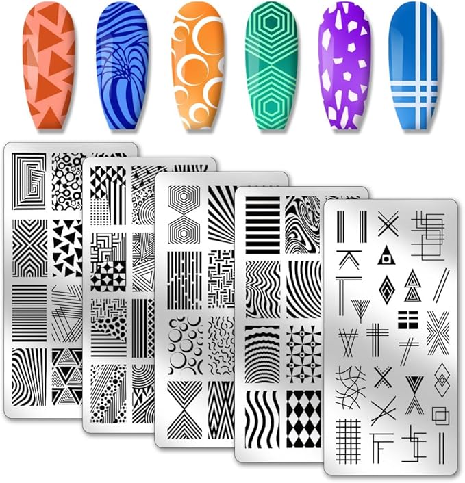 PH PandaHall 5pcs Nail Art Stamping Plate, Abstract Geometric Texture Nail Stamper Line Pattern Nail Stamping Plate Print Nail Stencils Stainless Steel Nail Image Plates for Nail Art Design