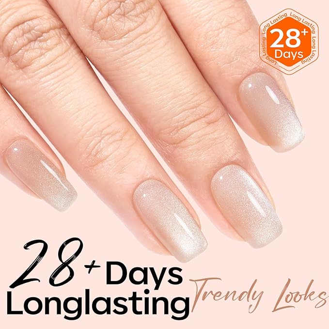 modelones Cat Eye Gel Nail Polish, 15 ML Silver Nude Glitter Holographic Glass Cat Eye Summer Jelly Shimmer Reflective Translucent U v Gel Magnetic Nail Polish Top Coat for Women Girl