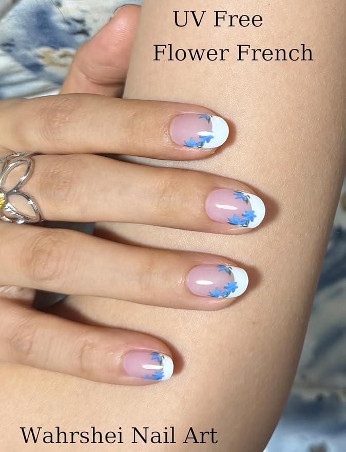 Gel Nail Strips No UV, Flower French, UV Free, Long Lasting Gel Stickers - Contains 22 Wraps, 1 Prep Pad, 1 File