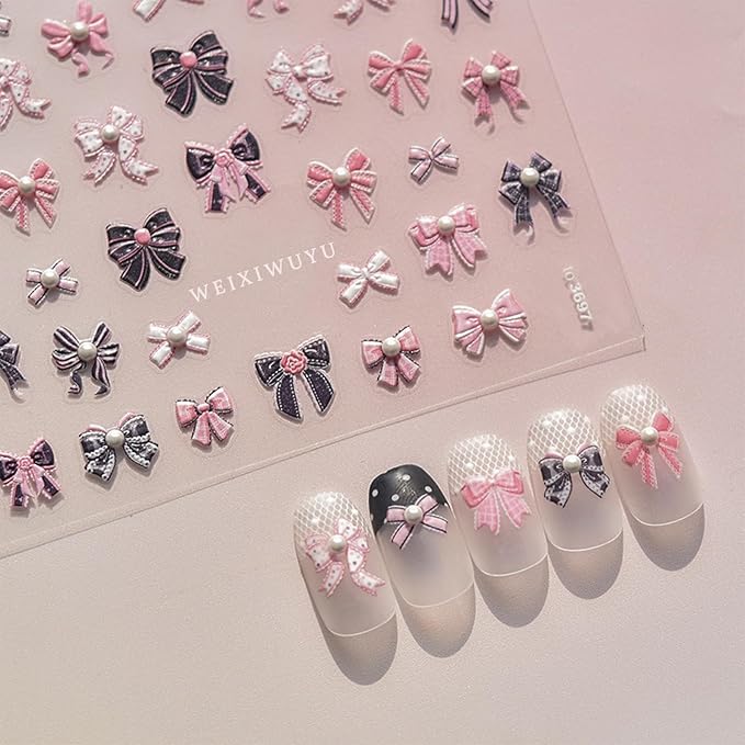 Pink Embossed Bow Nail Art Sticker 5D Cute Rhinestone Bow Elegant Pearl Design Women DIY Nail Art Decorationn