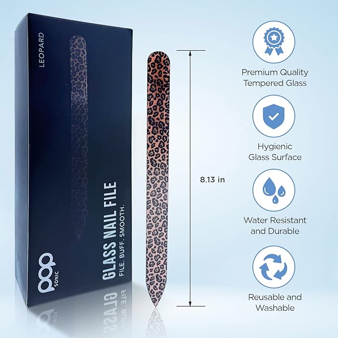 Pop Sonic Double-Sided Glass Nail File | Fingernail Files for Shaping & Smoothing Nails | High-Quality Tempered Glass | Strong, Wear-Resistant Filer w/Protective Carrying Case (Leopard)