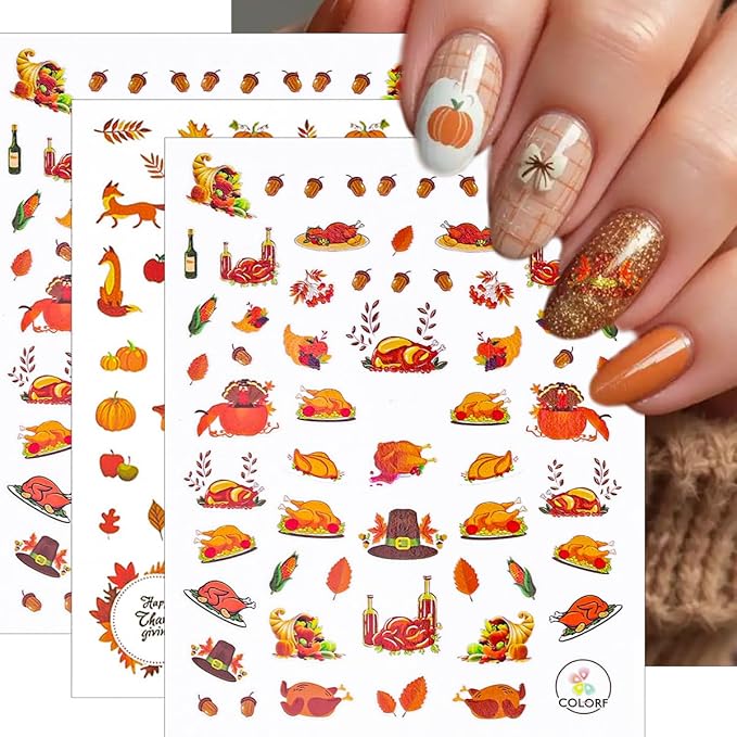 8 Sheets Fall Nail Stickers for Nail Art 3D Self-Adhesive Exquisite Maple Leaf Pumpkin Nail Decals Cute Fox Turkey Nail Design Stickers Thanksgiving Holiday Nails Art Supply for Women Acrylic Manicure