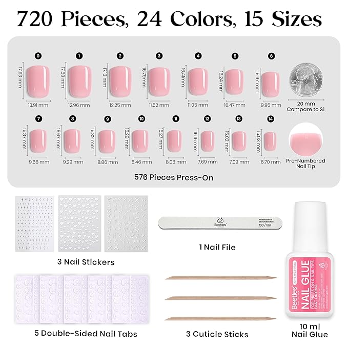 Beetles Press On Nails Kit - Creamy Drizzle | 720Pcs 24 Colors Short Square Press On Nails | 15 Sizes French Glossy Glitter Jelly With Nail Glue & Nail Tabs Stickers, Fake Nails Kit Art For Women