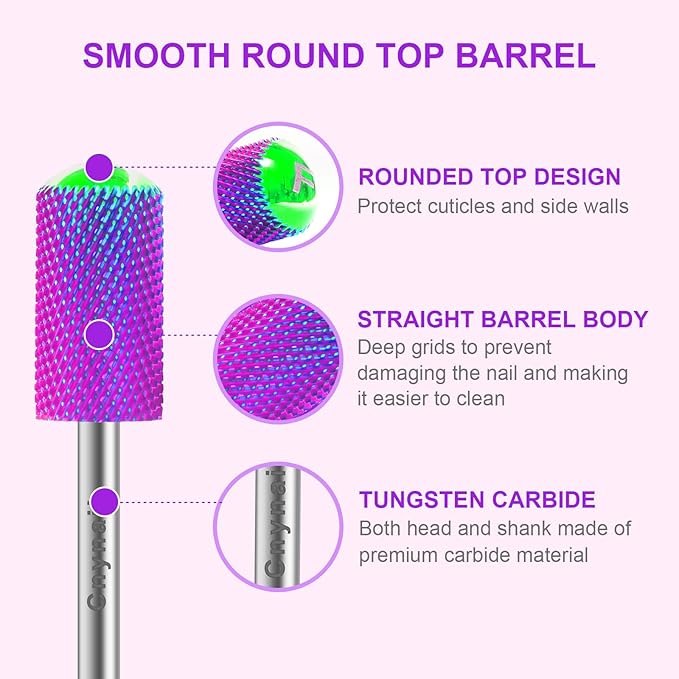 3/32" 2PCS Large Barrel Smooth Round Top Tungsten Carbide Nail Drill Bit Safety Bit for Gel & Acrylic Removal, 2-Way Rotating Efile Tip, Salon Electric File Accessory (F Grit, Purple)