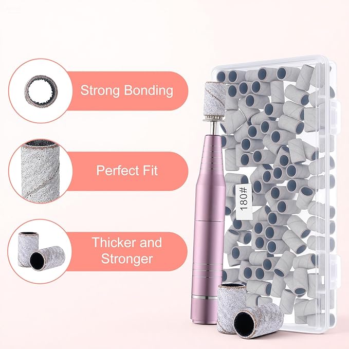 200 Pcs Nail Sanding Bands, 180 Grit Zebra Sanding Bands for Nail Drill with 3/32” Nails Drill Bit for Nails Files, Gel Removing