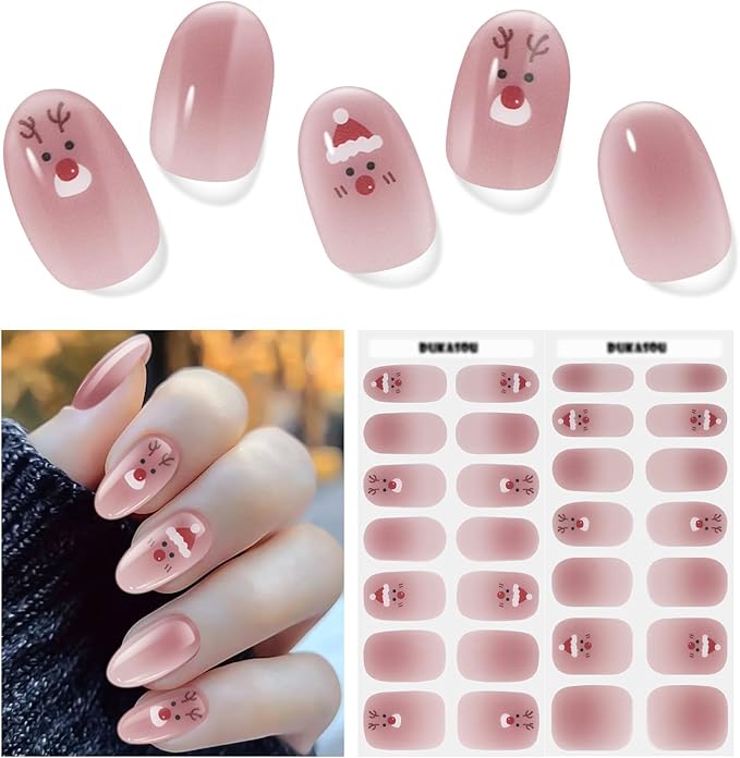 Semi Cured Gel Nail Strips, 28 pcs Christmas Elk Gel Nail Stickers Full Nails Wraps for Women, Long Lasting UV Nail Strips for Home DIY Nails Art UV Light Require