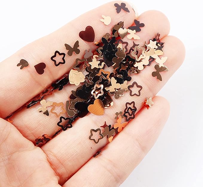 Nail Art Glitter Flakes, Mixed 2 Colors Black Gold Glitter Nail Sequins Designs, Heart Butterfly Stars Rabbit Nail Supplies for Women Manicure Charms Decorations, DIY Sparkly False Nails Crafts