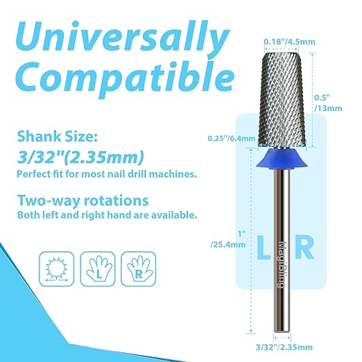 Professional Nail Drill Bits, Tungsten Carbide Cross Cut Tapered Barrel 3/32'' Safety Bits, Left and Right Hand Use, Remove Gel Fast, Manicure Pedicure Cuticle Gel Polishing, Medium.