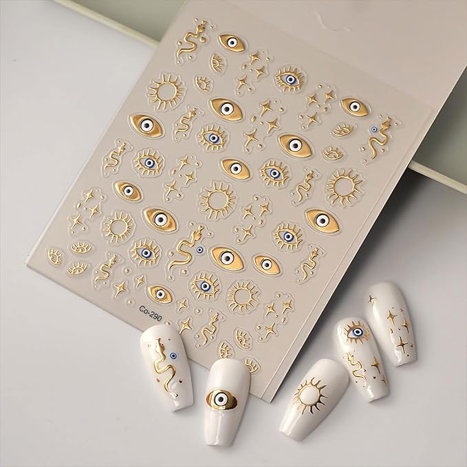 Gold Nail Stickers Evil Eye Nail Art Stickers 5D Embossed Nail Decals Gold Star Snake Design Nails Supplies for Women DIY Nail Art
