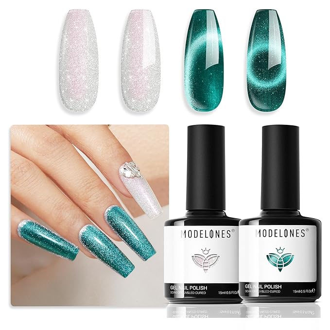modelones Gel Nail Polish Set 2 PCS 15ML White Green Cat Eye Glitter Holographic Shimmer Nail Polish With Magnet Soak Off Led Manicure Art DIY Salon Gift For Women Girl