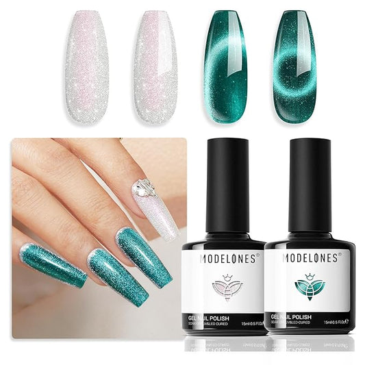 modelones Gel Nail Polish Set 2 PCS 15ML White Green Cat Eye Glitter Holographic Shimmer Nail Polish With Magnet Soak Off Led Manicure Art DIY Salon Gift For Women Girl