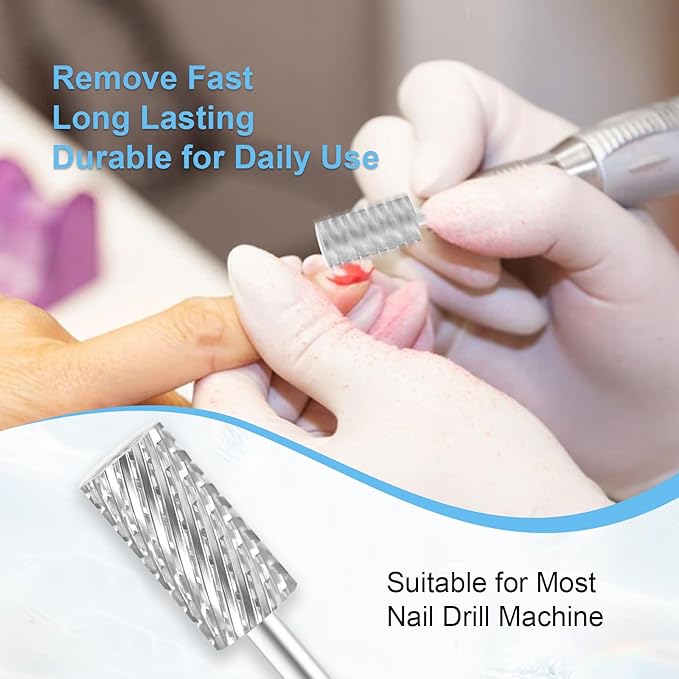 3/32" Large Barrel Bit Tungsten Carbide Nail Drill Bit Safety Bit for Gel & Acrylic Removal, 2- Way Rotating Efile Tip, Salon Electric File Accessory (2XC Girt, Silver)