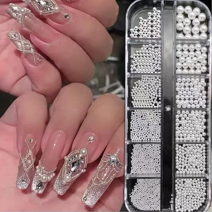 2 Boxes Flatback Pearls (White+Beige) and Silver+Gold Nail Beads for Nail Art with Rhinestone, Pearl Nail Charms and Gems and Small Round Caviar Beads for Acrylic Nail Tips Manicure 3