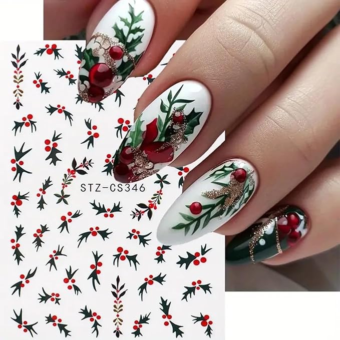 6PCS Christmas Nail Art Stickers Holly Nail Decals 3D Self-Adhesive Nail Stickers Christmas Tree Nail Art Supplies Green Leaves Holly Fruit Nails Accessories for Women Xmas Acrylic Manicure Decoration