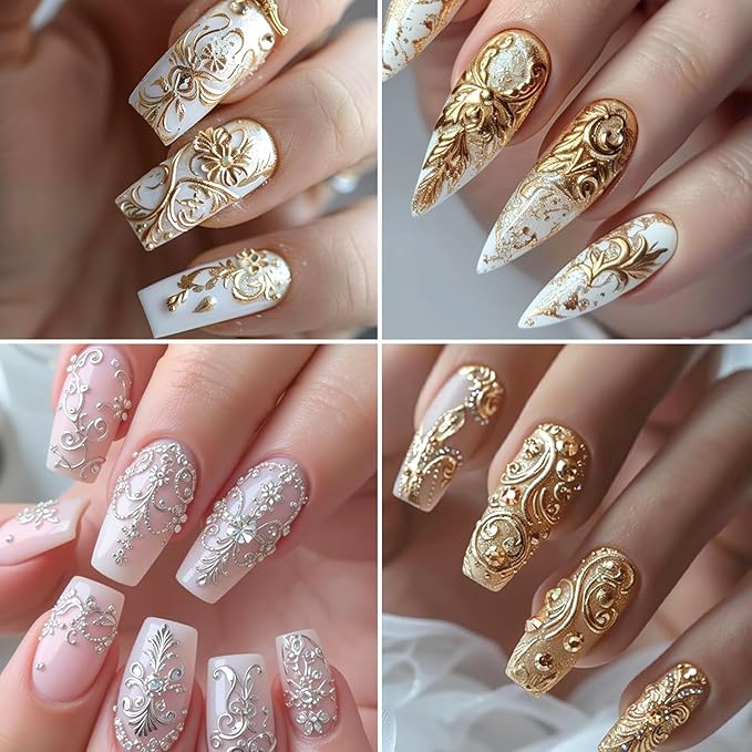 3Sheets Flower Pattern Nail Art Stickers 5D Embossed Gold Silver Flowers Vine Designs Nail Decals Self-Adhesive Rose Gold Floral Texture Nail Sticker Spring Summer Nails Supplies for Women Nails Decor