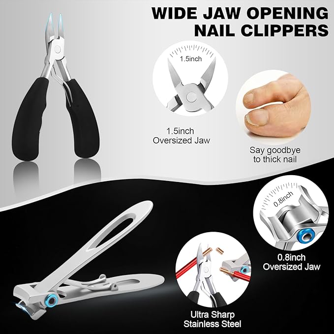 Toenail Clippers for Seniors Thick Toenails, Angled Head Large Toe Nail Clippers Set for Men, Heavy and Sharp Duty Ingrown Toenail Clippers with Wide Jaw, 360° Rotating Nail Clipper with Long Hande