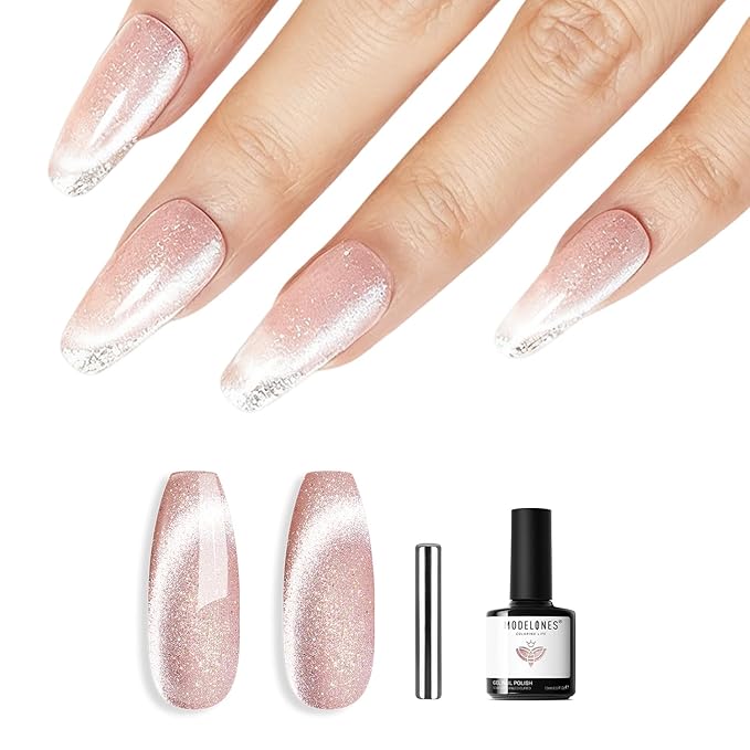 modelones Cat Eye Gel Nail Polish Shimmer Glitter Nude Pink Nail Polish with Magnet Holographic Reflective Soak Off LED Nail Art Top Coat Manicure Salon DIY Gifts 15ML