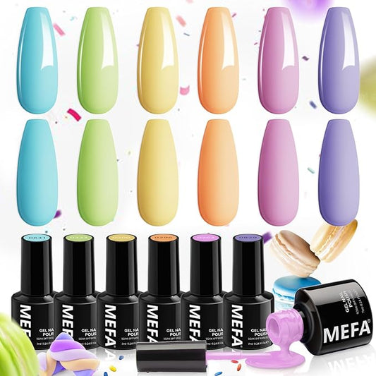 MEFA Macaron Gel Nail Polish Set 6 Colors, Spring Summer Pastel Soft Green Light Blue Coral Peach Lilac Purple Pale Creamy Shades Popular Nail Art Design Salon at Home DIY Manicure Gifts for Women
