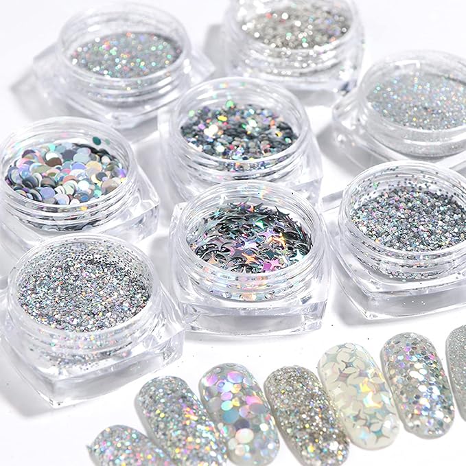 Holographic Nail Sequin Glitter Accessories Colorful 3D Glitter Flakes Nail Supply Acrylic Flakes Designs False Nails Manicure Tips Kit for fingernail toenail Nail Glitter Art Decorations (8 Boxes)