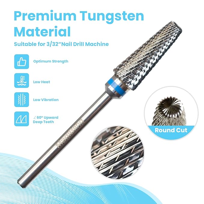 Super Cut 5 In 1 Nail Drill Bits, Tapered Barrel 3/32'' Safety Tungsten Bits, Upward Cut for Hard Gel Removal, Right Hand Use, Manicure Cuticle Gel Polishing, Technicians Bits, Medium.