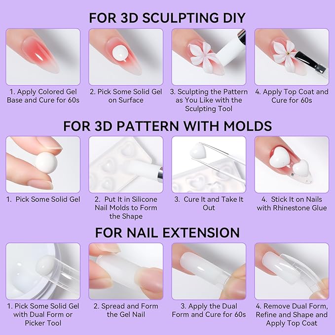 Makartt 3D Gel Nail Art: 4 in 1 White Solid Gel Builder Diy Kit for 15ML Nail Extension Gels, 4pcs Silicone Molds, 1 sculpture Brush, Nails Art Glue for Acrylic Nails Carving Manicure for Home Salon