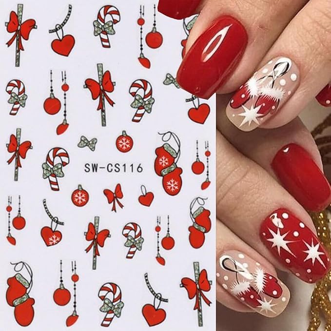Christmas Nail Stickers Christmas Tree Nail Decals Bow Gift Crutch Nail Art Sticker Green Bow Gift Snowman Light Ball Design Heart Nail Stickers for Nail Art for Women DIY Holiday Manicure 6 Sheets