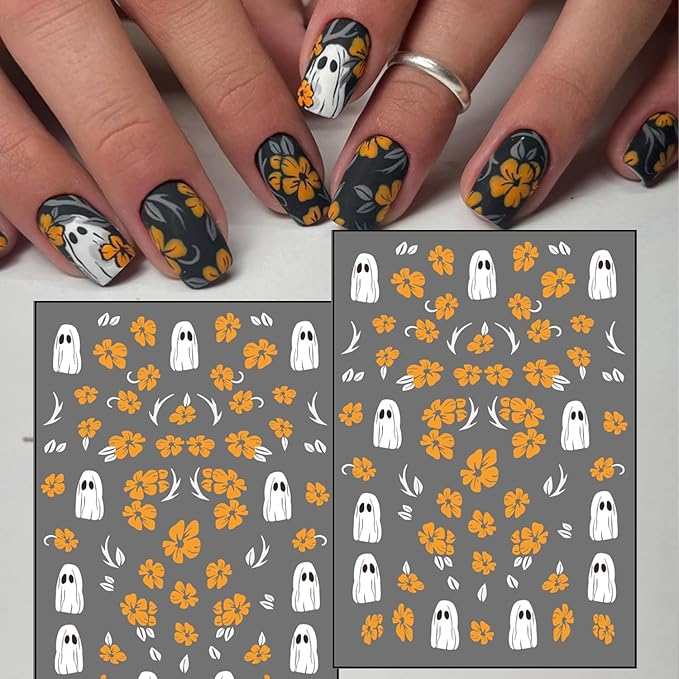 8 Sheets Halloween Nail Art Stickers Cute Ghost & Mummy Designs 3D Self-Adhesive Flower Nail Stickers Halloween Spider Pumpkin Spider Web Acrylic Nails Art Decoration for Women Nails Art Supplies