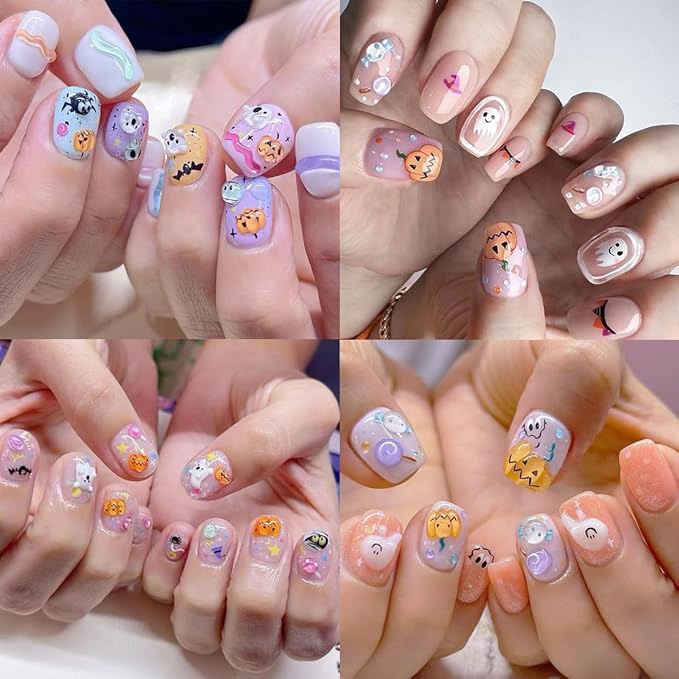 2Sheets 5D Cute Ghost Nail Art Stickers Embossed Cartoon Skull Bat Pumpkin Nail Decals Spooky Halloween Nail Stickers Fall Holiday Nail Design Decals Decoration for Women DIY Manicure Supplies