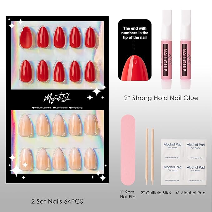 64PCS Bright Red & Vanilla Cream Press On Nails - Short Almond Fake Nails, with 2 Nail Glues, 2 Cuticle Sticks, 4 Prep Pads, 1 Nail File - Glossy Nails Kit for Daily Use