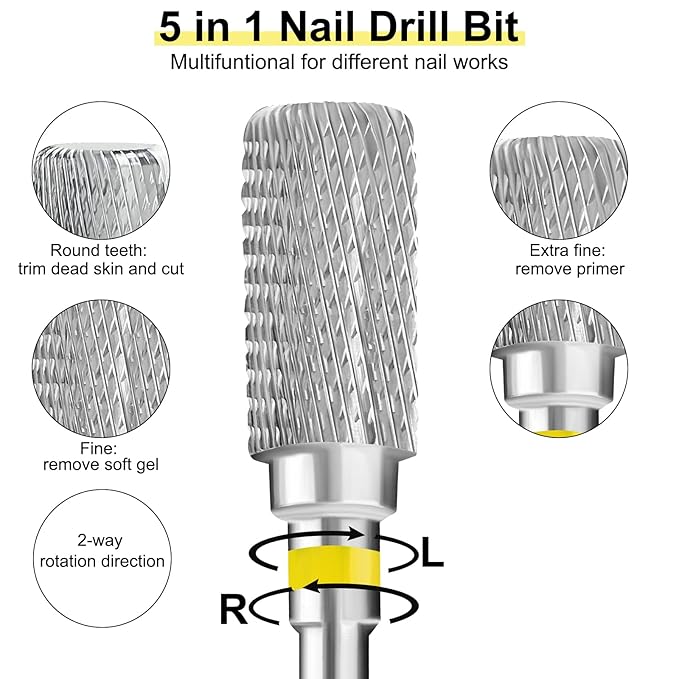 Tungsten Carbide Acrylic Nail Drill Bit Flat Top Cylinder Efile Electric File Machine Head Tip for Manicure Polishing Art Remove Gel Polygel 3/32" 2 Way Professional Tech (Extra Fine Grit)