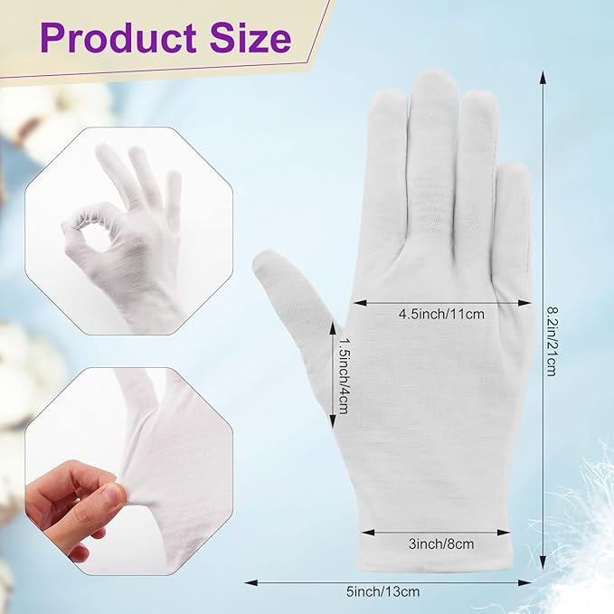 24 Pairs Soft Cotton Gloves - Washable, Moisturizing, Eczema-Friendly, Stretch for Coin Inspection - Men & Women