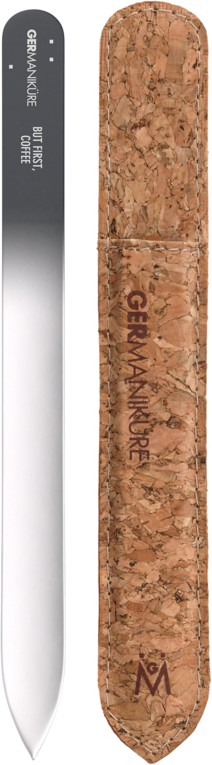 GERMANIKURE Glass Nail File in Cork Sleeve - But First Coffee - Professional Crystal Nail File for Natural Nails - Ideal Manicure & Pedicure Tool for Smooth, Easy Shaping - Nail Care Gift