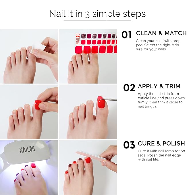 NAILOG Semi Cured Gel Nail Strips, Toe Nail Polish Strips with Glossy Gel Finishing | Buy 3 Get 1 UV Lamp| 32 Pieces Long Lasting Pedi Stickers | Pink Moonlight